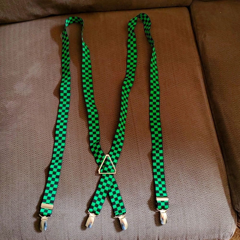 Adult Suspenders Green & Black Checker Print